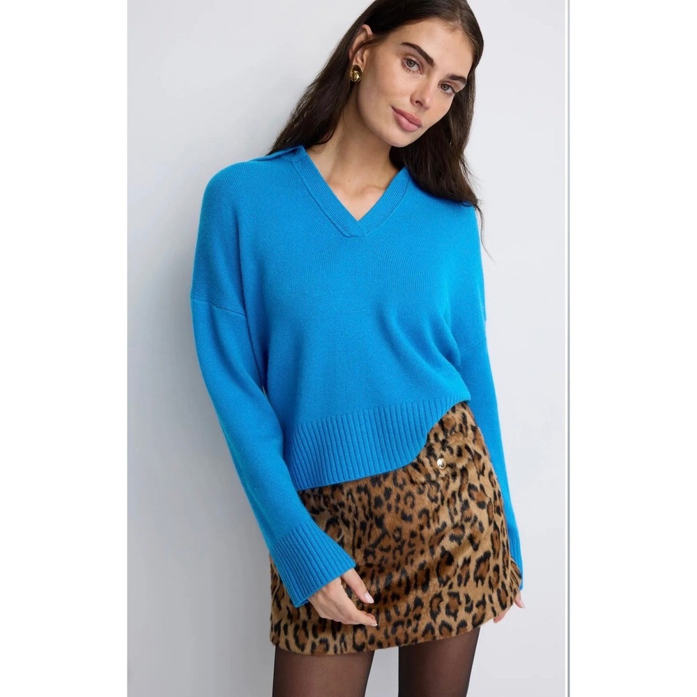 Maje Migona V- Neck Collared Sweater In  Bright Cobalt Blue Size 2